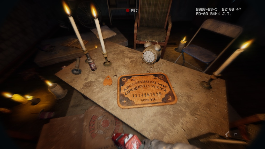 Candlelit table with an occult board, clock, and investigation objects