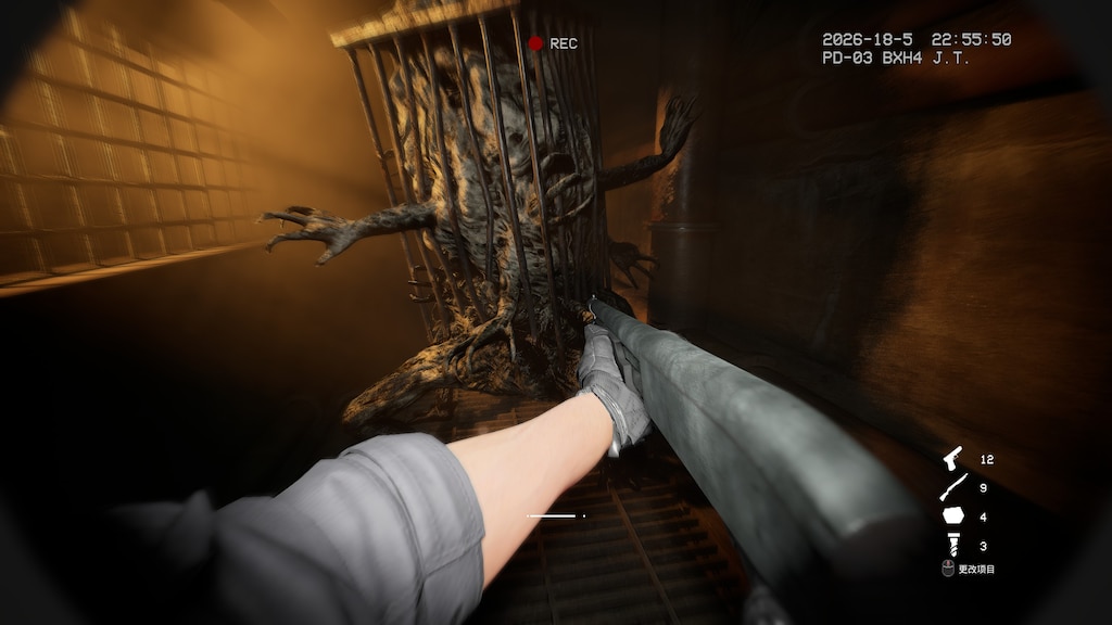 Player holding a weapon near a grotesque figure in a dim horror corridor