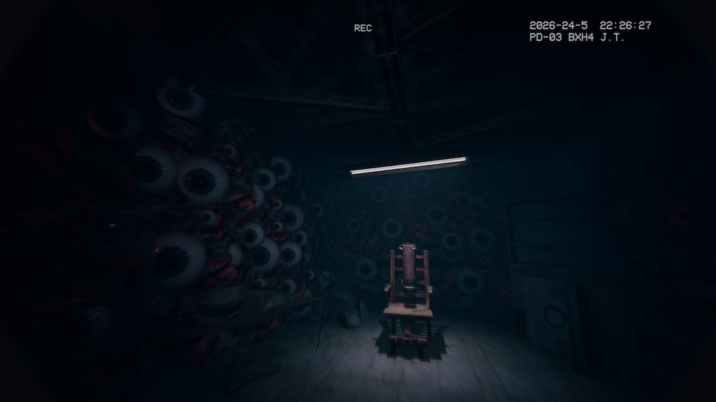 Dark horror room with walls covered in eye-like growths and a chair under a fluorescent light
