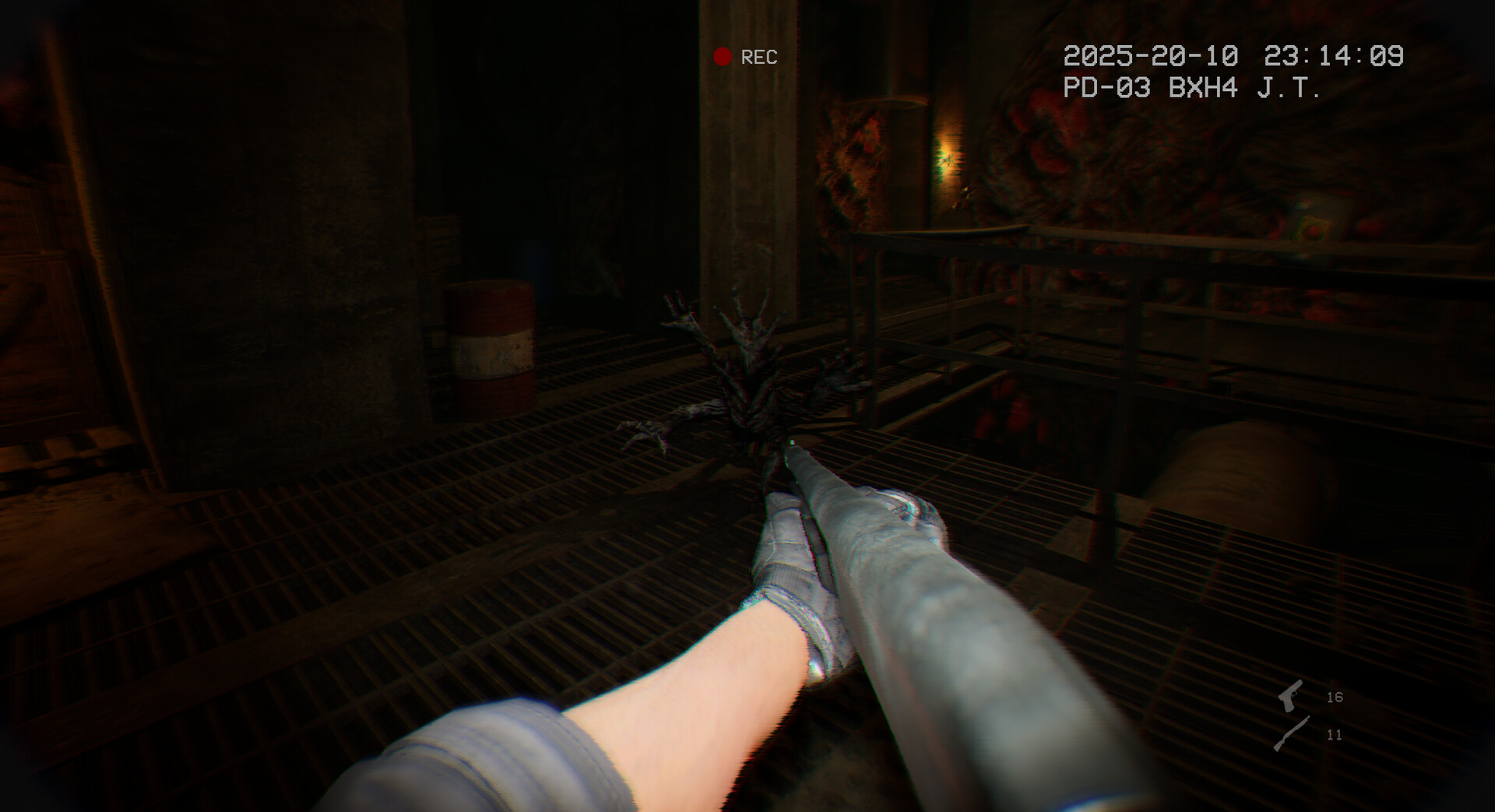 It Reaches walkthrough scene with flashlight in a dark corridor